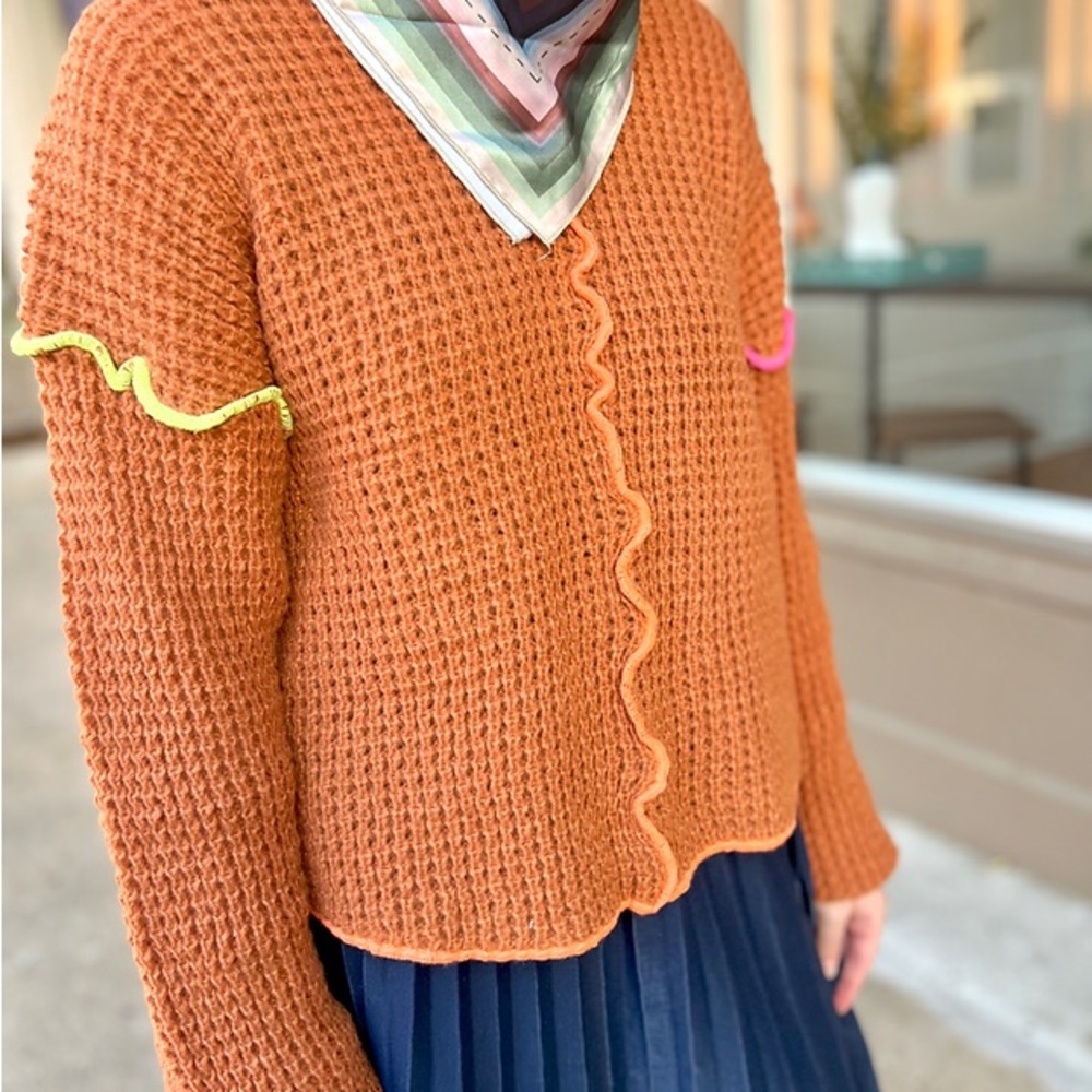 Chic Rust Waffle Knit Sweater with Neon Stitched Detail